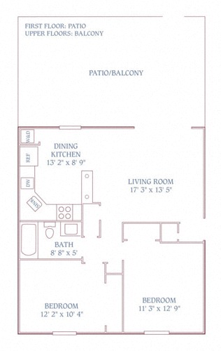 Floor plan for 2 beds, 1 bath, 908 sqft